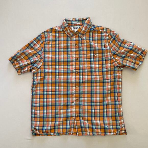 Duluth Trading Company Shirt Mens Medium Orange Plaid Untucked Relaxe Fit - Picture 1 of 6